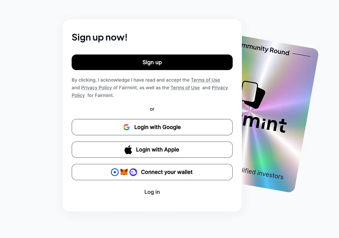 Fairmint v2 — Sign-up using email, Google ID, Apple ID or any wallet